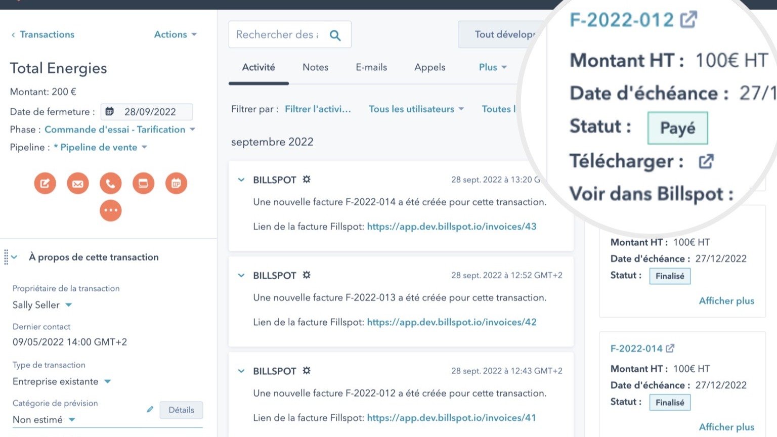 Retrouvez le statut de facture (payé, en retard) dans HubSpot